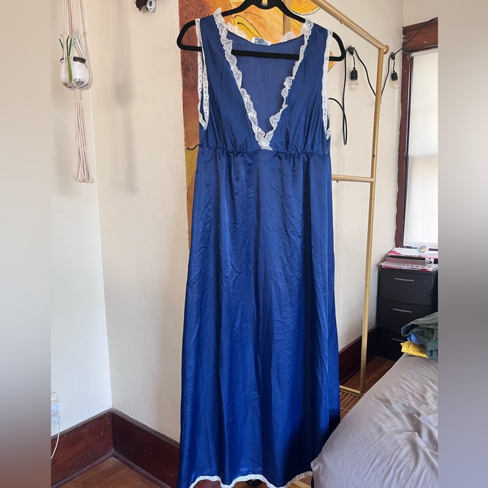 Blue Nightgown with White Lace Trim